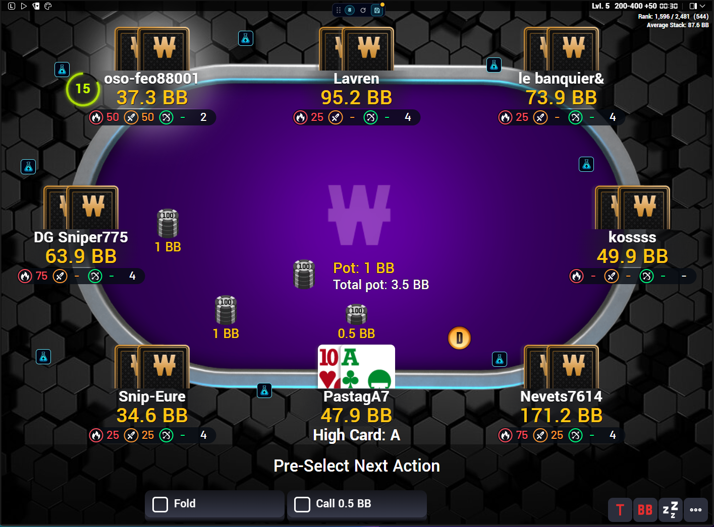HUD live POKLab en overlay sur une table Winamax